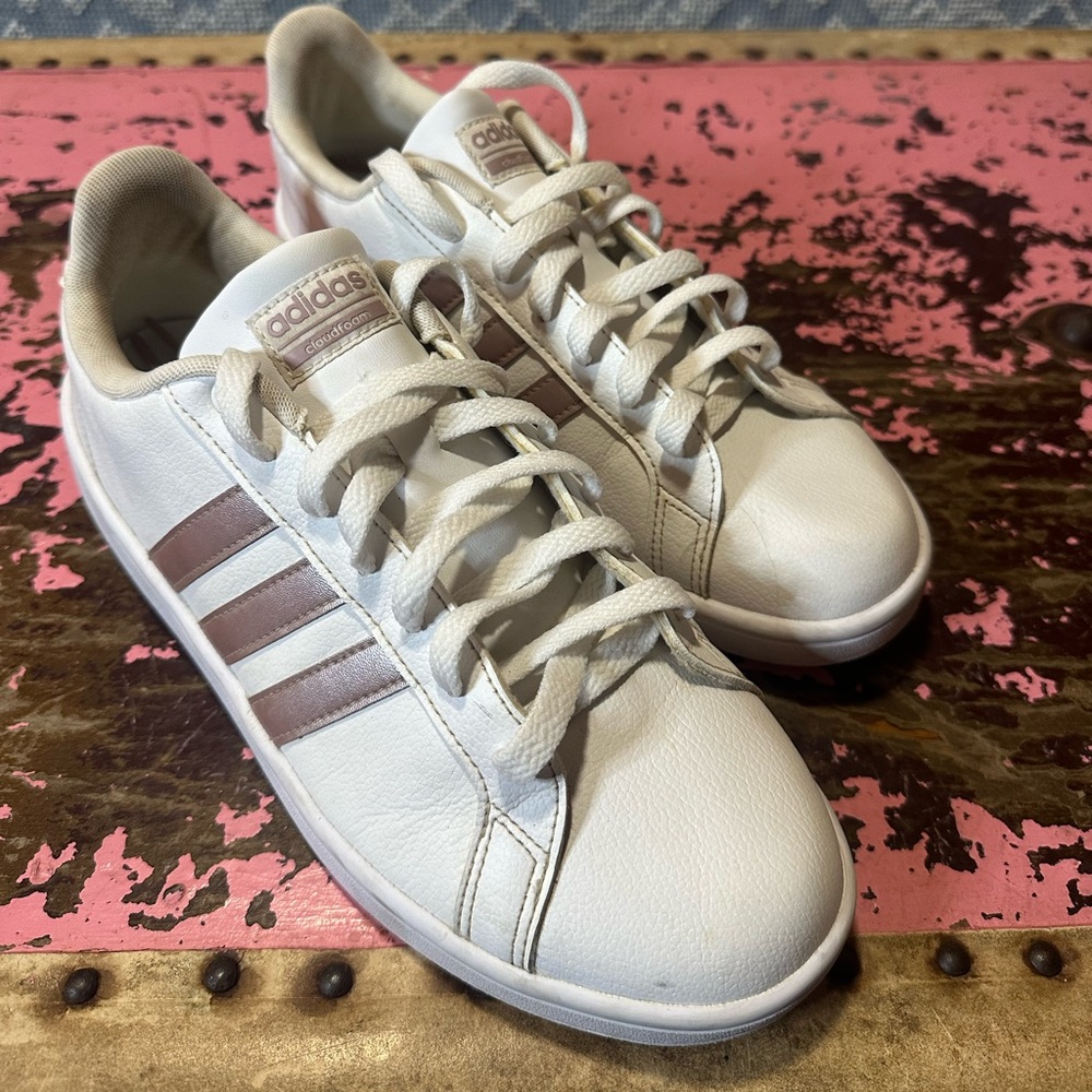 adidas Women's White Sneakers with Rose Gold Stripes